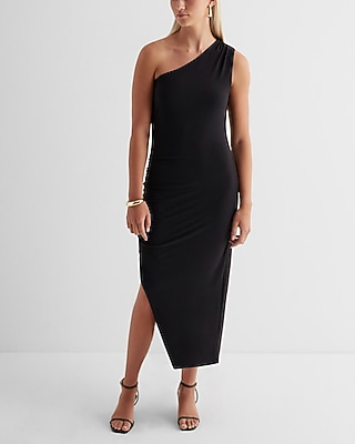 Cocktail & Party One Shoulder Ruched Side Midi Dress Black Women's L