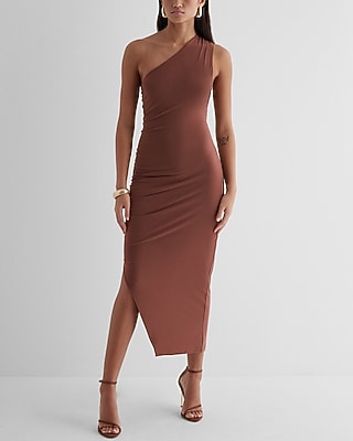 Cocktail & Party One Shoulder Ruched Side Midi Dress Brown Women's XL