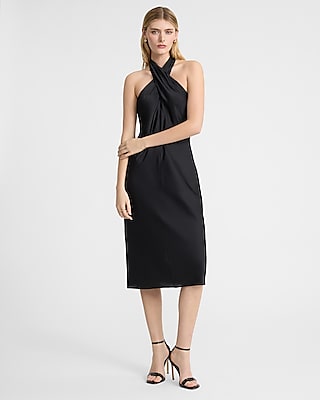 Cocktail Self Tie Halter Satin Party Dress/Midi Dress