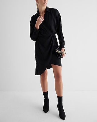 Work V-Neck Surplice Asymmetrical Mini Portofino Shirt Dress Black Women's L