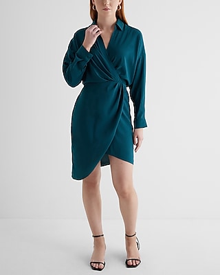Work V-Neck Surplice Asymmetrical Mini Portofino Shirt Dress Green Women's S