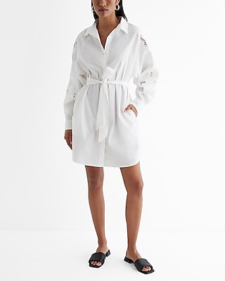 Casual,Vacation Embroidered Boyfriend Poplin Mini Portofino Shirt Dress White Women