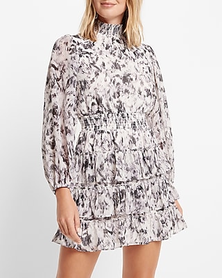Work Printed Mock Neck Long Sleeve Tiered Ruffle Dress