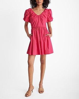 V-neck Short Poplin Gathered Dress by Express