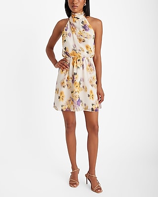 Draped Floral Print Cocktail Short Halter Sleeveless Party Dress/Wedding Dress