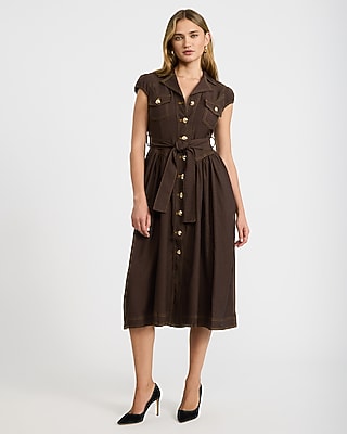 Stretch Denim Cap Sleeve Button Front Belted Midi Dress with Pockets