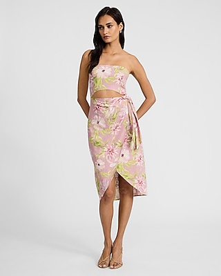 Strapless Floral Print Wrap Cutout Tie Waist Waistline Linen Midi Dress