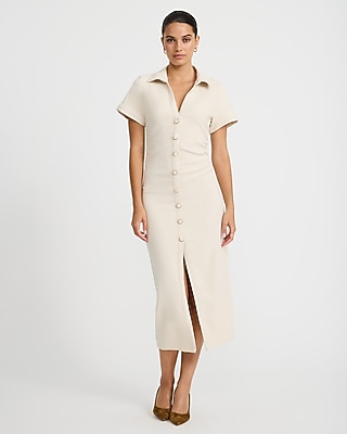 Collared V-Neck Button Front Stretch Midi Dress