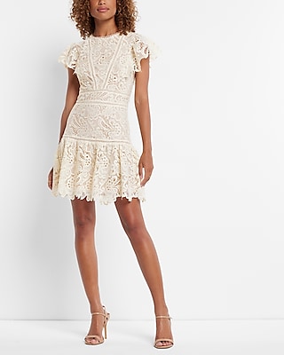 Plus Size Lace Flutter Short Sleeves Sleeves Cocktail Short Party Dress With Ruffles