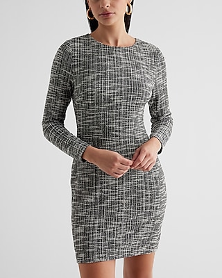 Work Tweed Crew Neck Long Sleeve Mini  Dress