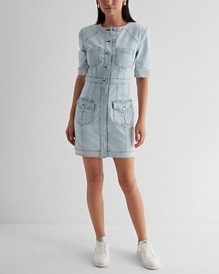 Casual Denim Padded Shoulder Button Up Mini Dress