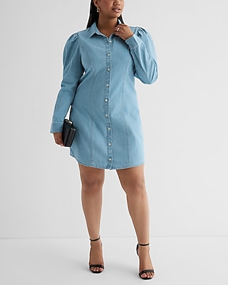 Button Front Short Puff Sleeves Sleeves Denim Shirt Dress