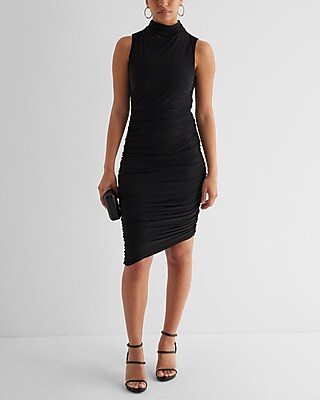 Cocktail & Party,Work,Date Night Bodycon Mock Neck Ruched Asymmetrical Midi Dress Black Women's XL