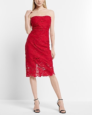 Cocktail & Party Allover Lace Strapless Midi  Dress Red Women's XS