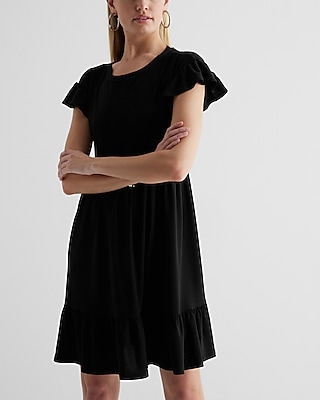 Casual Crew Neck Ruffle Mini Babydoll Dress Black Women's M