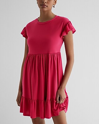 Casual Crew Neck Ruffle Mini Babydoll Dress Pink Women's L