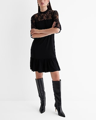 Work,Date Night,Cocktail & Party Lace Three Quarter Sleeve Ruffle Mini Tunic Shift Dress