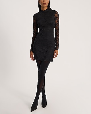 Open-Back Long Sleeves Mock Neck Lace Cocktail Short Little Black Dress/Party Dress