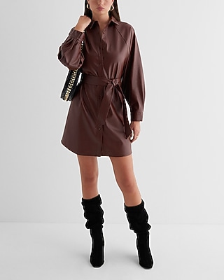 Cocktail & Party,Work Faux Leather Boyfriend Mini Portofino Shirt Dress Brown Women's M