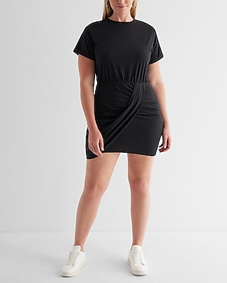 Crew Neck Short Sleeves Sleeves Cotton Draped Shirt Dress