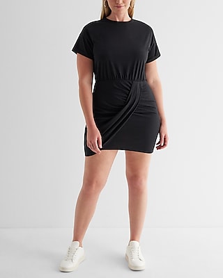 Cotton Crew Neck Short Sleeves Sleeves Draped Shirt Dress