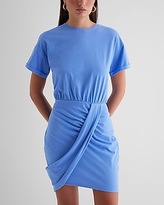 Cotton Short Sleeves Sleeves Crew Neck Draped Shirt Dress