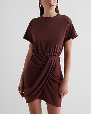 Casual Crew Neck Short Sleeve Draped T-Shirt Dress Brown Women's XS