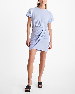 Crew Neck Short Sleeves Sleeves Draped Cotton Shirt Dress