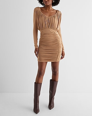 Cocktail & Party Shine V-Neck Long Sleeve Ruched Mini  Dress