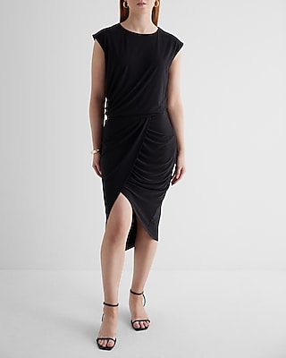 Work Crew Neck Cap Sleeve Ruched Draped Midi  Dress Black Women's XS