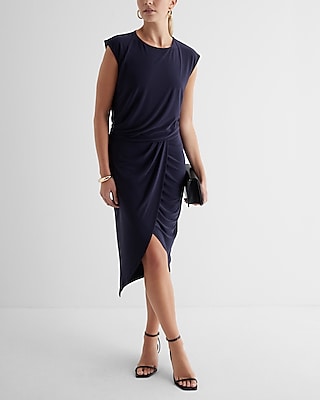 Work Crew Neck Cap Sleeve Ruched Draped Midi  Dress Blue Women's XL