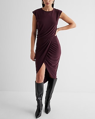 Work Crew Neck Cap Sleeve Ruched Draped Midi  Dress Red Women's XL