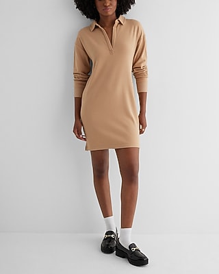 Casual V-Neck Long Sleeve Mini Polo  Dress Brown Women's L