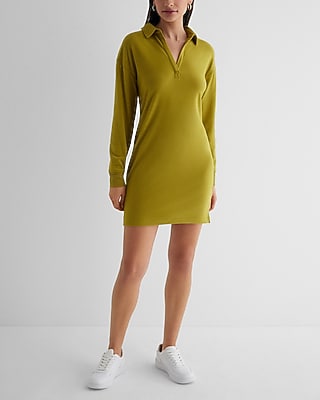 Casual V-Neck Long Sleeve Mini Polo  Dress Green Women's XS