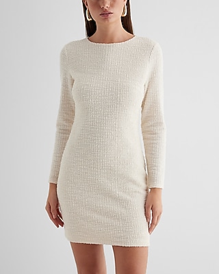 Work,Cocktail & Party Tweed Crew Neck Long Sleeve Mini  Dress