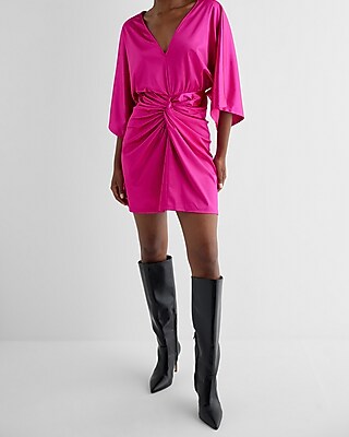 Cocktail & Party,Date Night Satin V-Neck Twist Front Mini  Dress Pink Women's XS