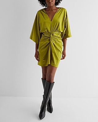 Cocktail & Party,Date Night Satin V-Neck Twist Front Mini  Dress Green Women's XS