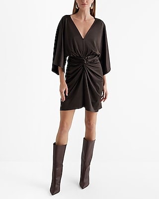 Cocktail & Party,Date Night Satin V-Neck Twist Front Mini  Dress Brown Women's S