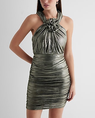 Cocktail & Party Metallic Rosette Halter Ruched Mini  Dress
