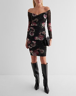 Date Night,Cocktail & Party Bodycon Mesh Floral Off The Shoulder Ruched Mini Dress