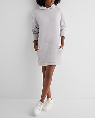 Casual Velour Long Sleeve Mini Hoodie Dress White Women's L