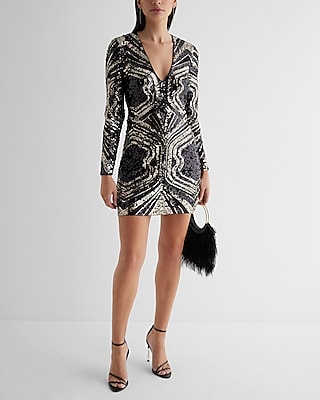 Cocktail & Party Patterned Sequin V-Neck Long Sleeve Mini  Dress