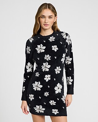 Fuzzy Floral Crew Neck Long Sleeve Mini Sweater Dress