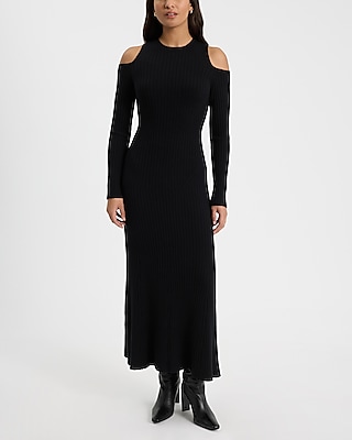 Crew Neck Sweater Cutout Ribbed Long Sleeves Maxi Dress