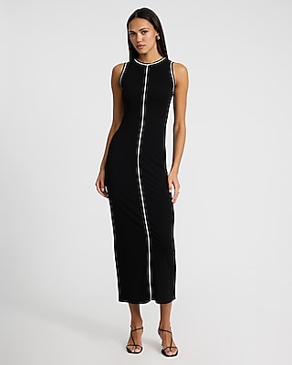 Crew Neck Ribbed Piping Sleeveless Midi Dress