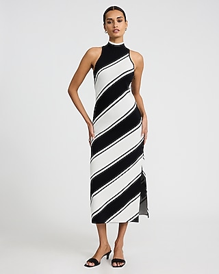 Sweater Vertical Stripe Print Slit Mock Neck Sleeveless Wedding Dress/Maxi Dress/Midi Dress