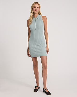 Point Collar Sleeveless Ribbed Front Zipper Short Sweater Dress