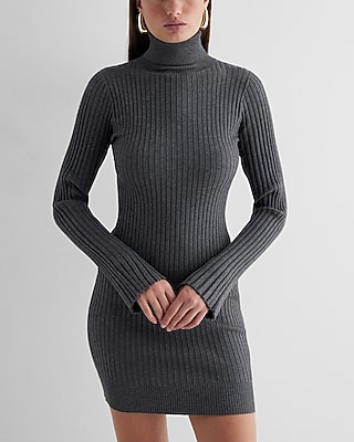 Casual,Date Night Ribbed Turtleneck Long Sleeve Mini Sweater Dress Gray Women's M