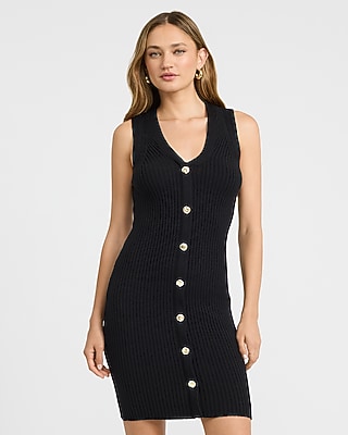 Ribbed V-Neck Gold Button Front Mini Sweater Dress