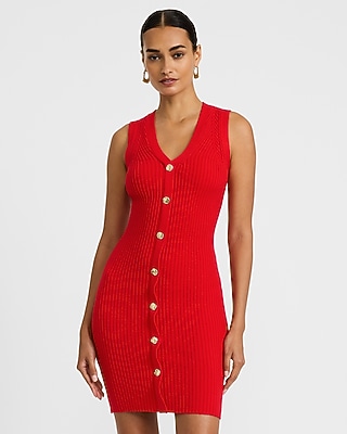 Ribbed V-Neck Gold Button Front Mini Sweater Dress